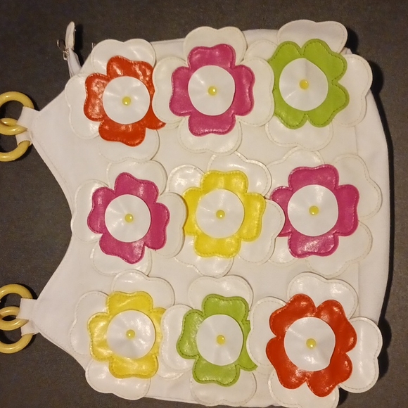 Cream canvas leather flower handbag - woven and beaded handles - Picture 2 of 8